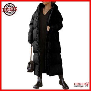 Women's Hooded Long Quilted Puffer Coat, Maxi Length, Warm Winter Outerwear